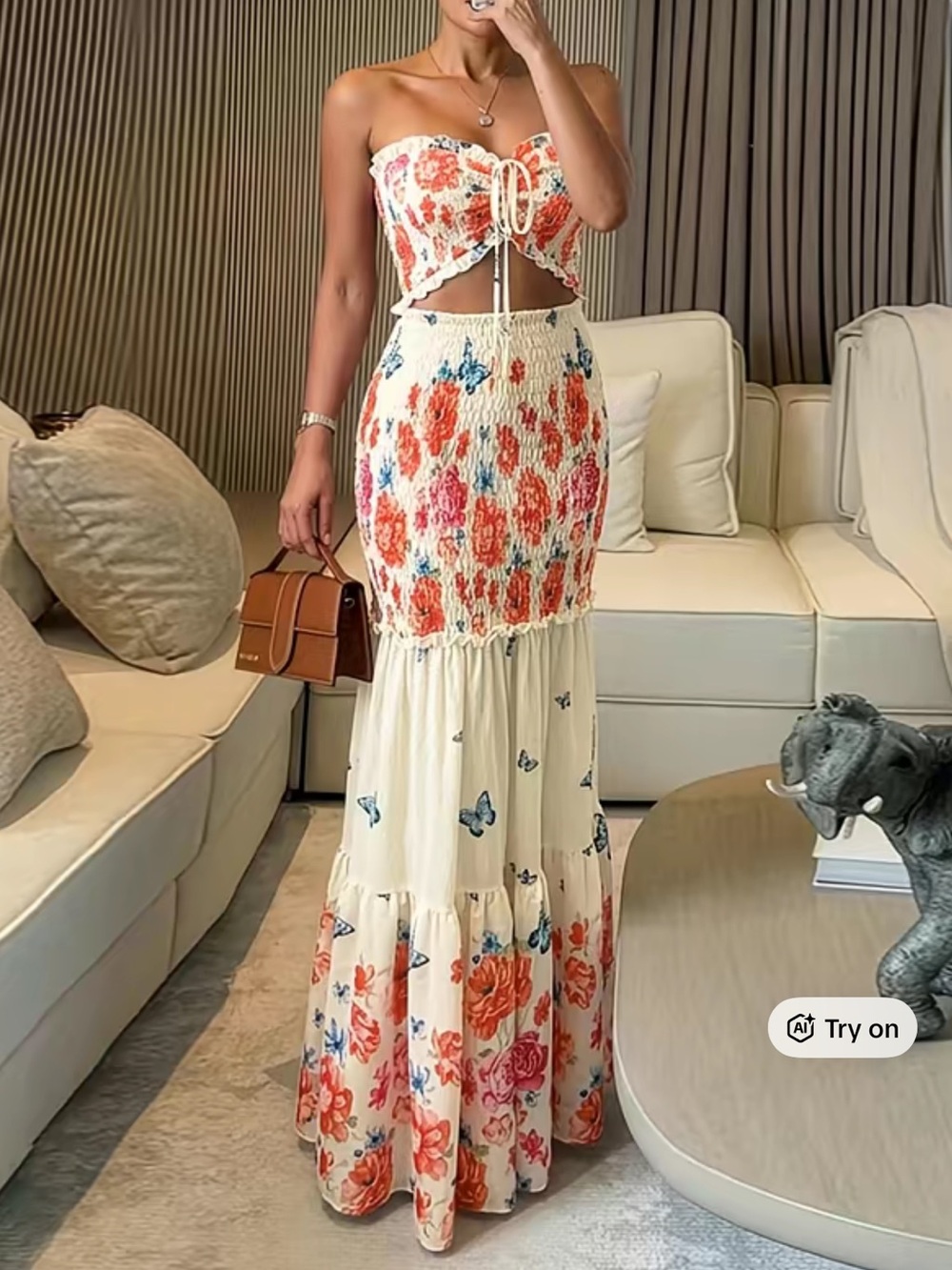 Cream Floral Strapless Crochet Maxi Dress